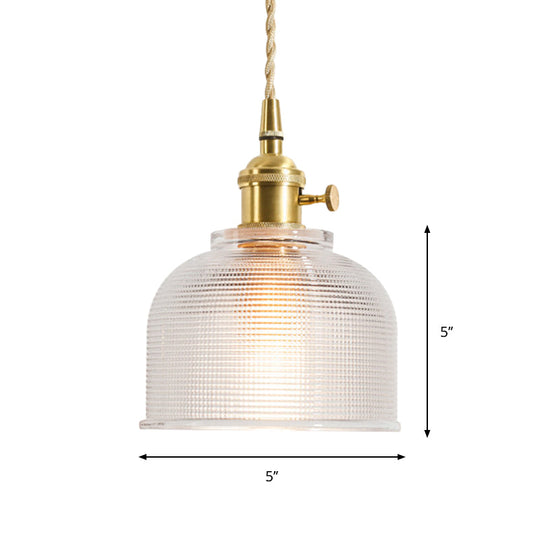 Rustic Brass Floral Hanging Lamp with Clear Ribbed Glass - 1-Light Ceiling Pendant for Table