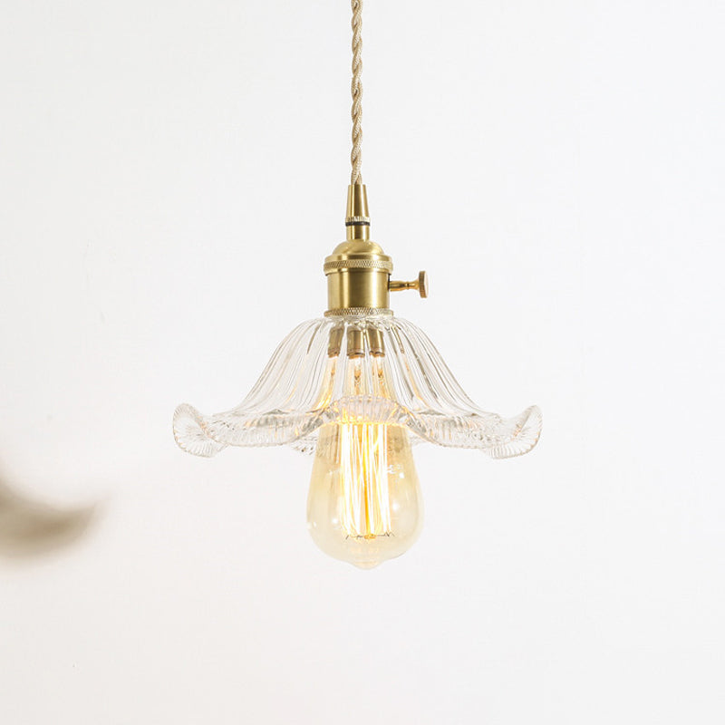 Floral Brass Hanging Lamp - Rustic Cone Pendant Light With Clear Ribbed Glass Ideal For Table / D