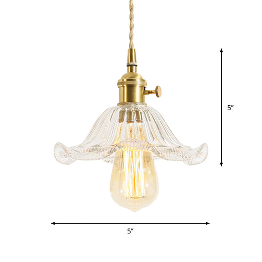 Rustic Brass Floral Hanging Lamp with Clear Ribbed Glass - 1-Light Ceiling Pendant for Table