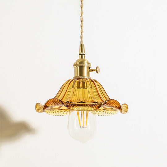 Floral Brass Hanging Lamp - Rustic Cone Pendant Light With Clear Ribbed Glass Ideal For Table / E