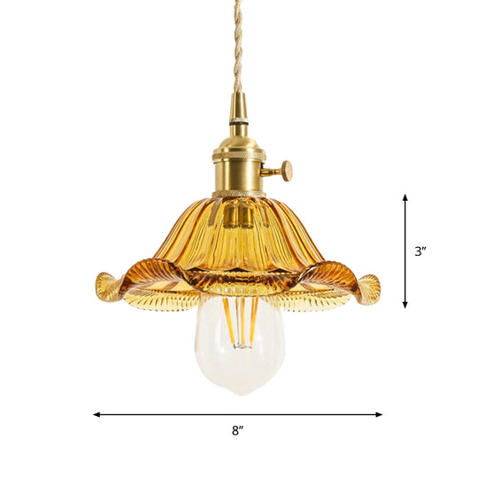 Rustic Brass Floral Hanging Lamp with Clear Ribbed Glass - 1-Light Ceiling Pendant for Table