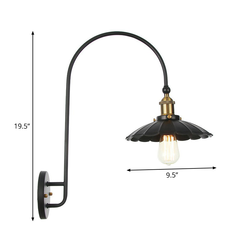 Vintage 1-Bulb Bedside Reading Wall Lamp - Iron Barn/Bowl/Scalloped Light Kit With Swooping Arm In