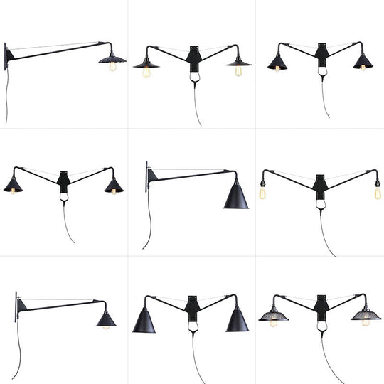 Scalloped/Exposed Industrial Wall Lamp - 1/2-Light Iron Swing Arm Lighting Black Plug-In Mount