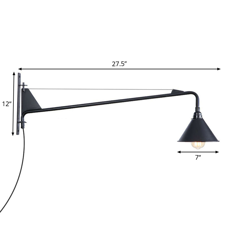 Scalloped/Exposed Industrial Wall Lamp - 1/2-Light Iron Swing Arm Lighting Black Plug-In Mount