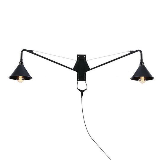 Scalloped/Exposed Industrial Wall Lamp - 1/2-Light Iron Swing Arm Lighting Black Plug-In Mount 2 / C