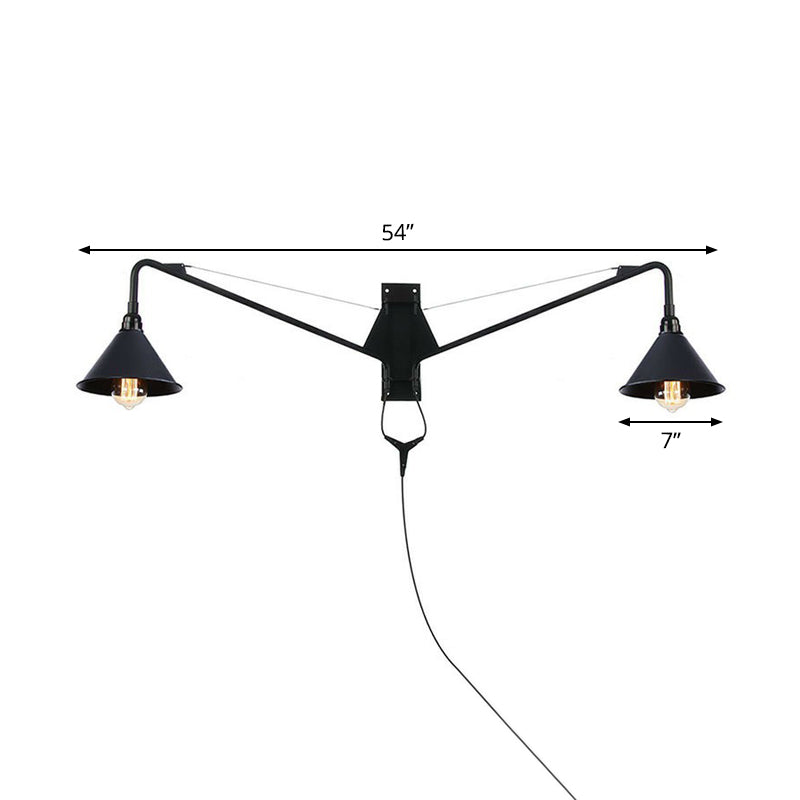 Scalloped/Exposed Industrial Wall Lamp - 1/2-Light Iron Swing Arm Lighting Black Plug-In Mount