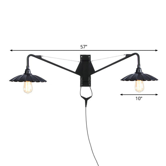 Scalloped/Exposed Industrial Wall Lamp - 1/2-Light Iron Swing Arm Lighting Black Plug-In Mount