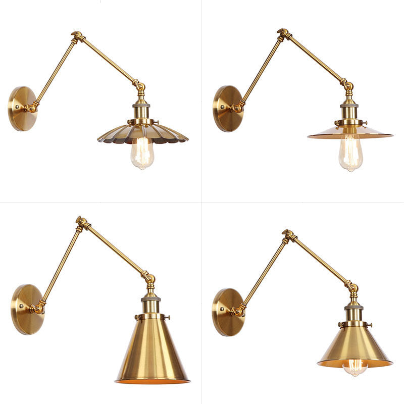 Antique Wall Mounted Swing Arm Lamp - Iron Brass Task Lighting With Scalloped/Horn/Cone Design