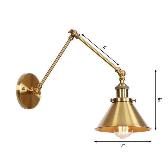 Antique Wall Mounted Swing Arm Lamp - Iron Brass Task Lighting With Scalloped/Horn/Cone Design