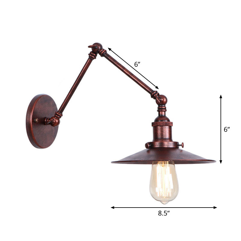 Rust Scalloped/Horn/Cone Wall Sconce Loft - 1 Head Workshop Reading Light With Long Swing Arm