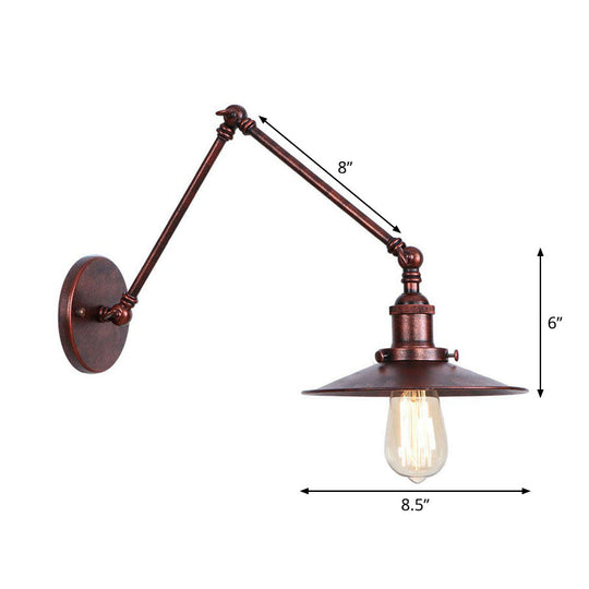 Rust Scalloped/Horn/Cone Wall Sconce Loft - 1 Head Workshop Reading Light With Long Swing Arm