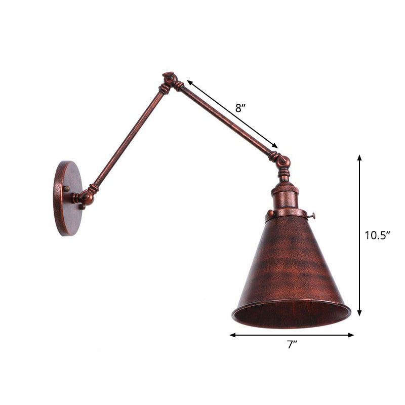 Rust Scalloped/Horn/Cone Wall Sconce Loft - 1 Head Workshop Reading Light With Long Swing Arm