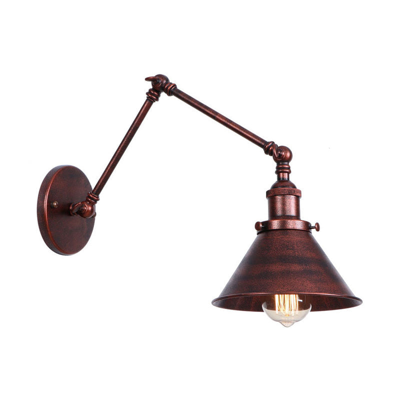 Rust Scalloped/Horn/Cone Wall Sconce Loft - 1 Head Workshop Reading Light With Long Swing Arm / 6 C