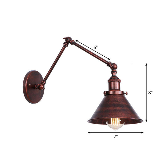 Rust Scalloped/Horn/Cone Wall Sconce Loft - 1 Head Workshop Reading Light With Long Swing Arm