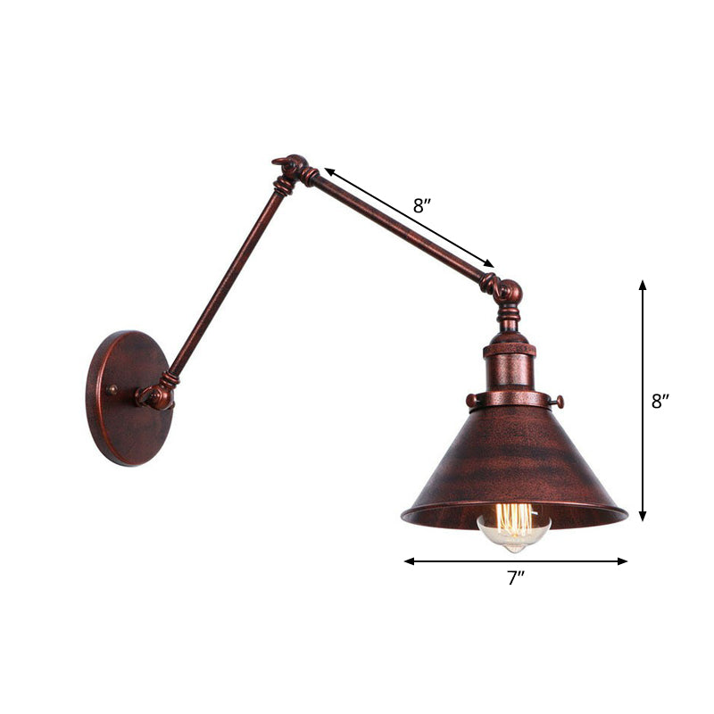 Rust Scalloped/Horn/Cone Wall Sconce Loft - 1 Head Workshop Reading Light With Long Swing Arm