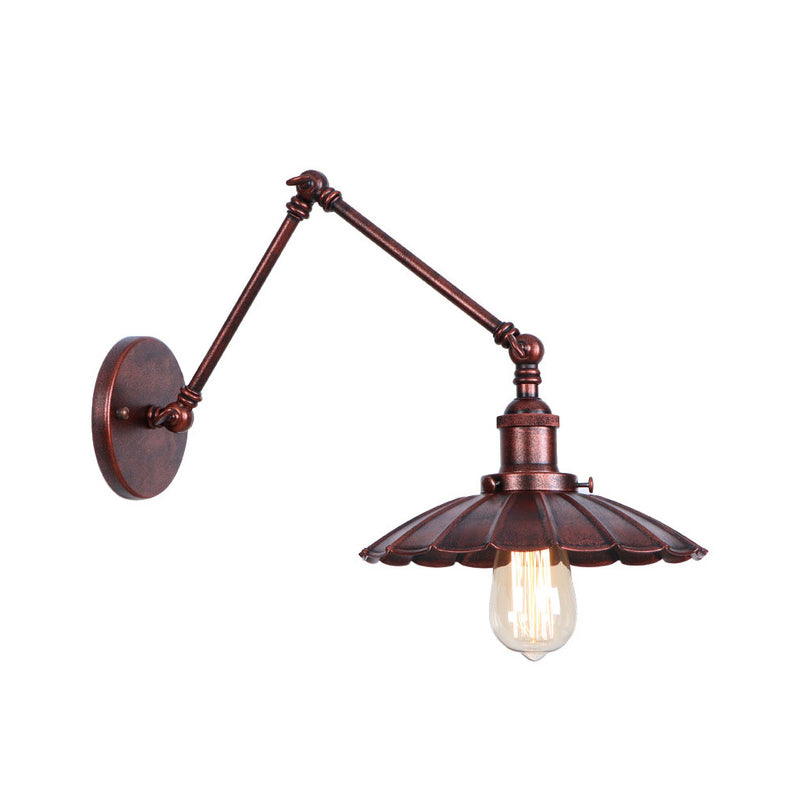 Rust Scalloped/Horn/Cone Wall Sconce Loft - 1 Head Workshop Reading Light With Long Swing Arm / 6 D