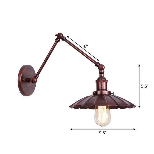 Rust Scalloped/Horn/Cone Wall Sconce Loft - 1 Head Workshop Reading Light With Long Swing Arm