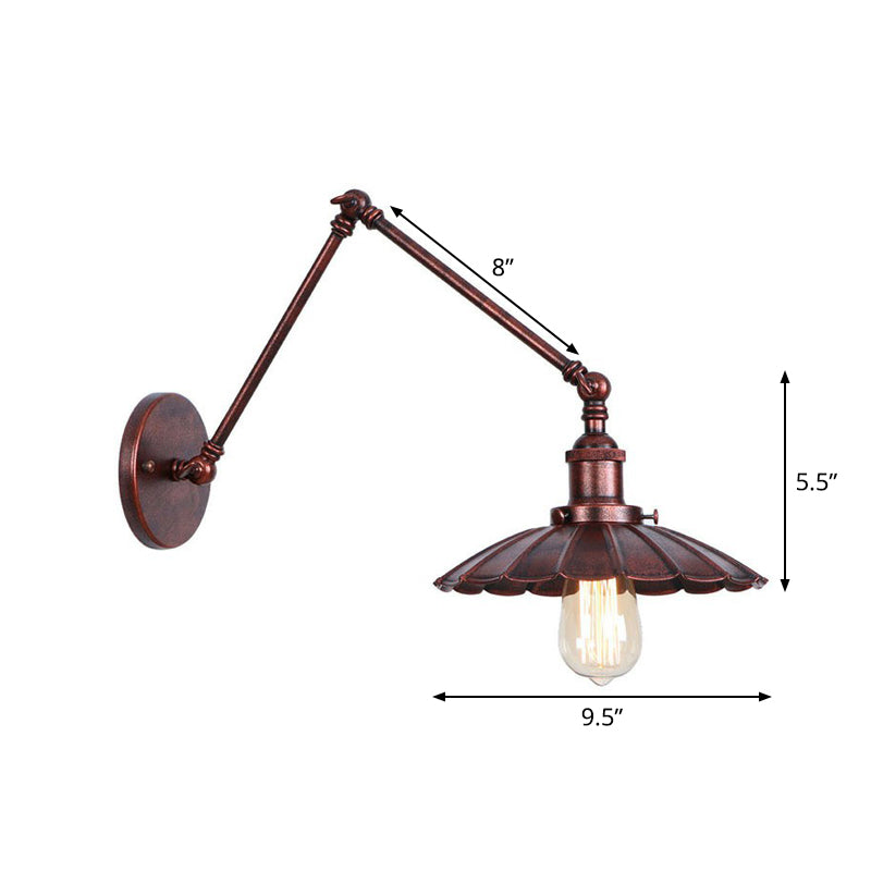 Rust Scalloped/Horn/Cone Wall Sconce Loft - 1 Head Workshop Reading Light With Long Swing Arm