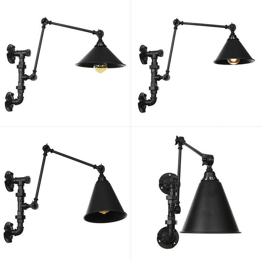 Industrial Iron Cone/Flared Wall Lamp - Black 1-Light Rotatable Fixture With Water Pipe Bracket