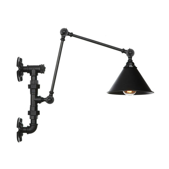 Industrial Iron Cone/Flared Wall Lamp - Black 1-Light Rotatable Fixture With Water Pipe Bracket