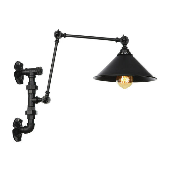 Industrial Iron Cone/Flared Wall Lamp - Black 1-Light Rotatable Fixture With Water Pipe Bracket / B