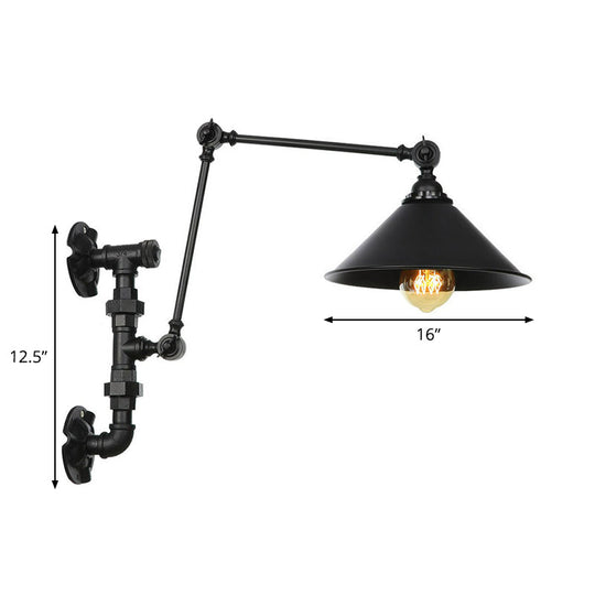 Industrial Iron Cone/Flared Wall Lamp - Black 1-Light Rotatable Fixture With Water Pipe Bracket