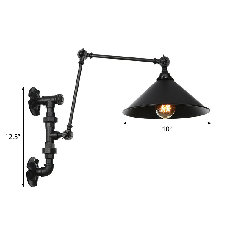 Industrial Iron Cone/Flared Wall Lamp - Black 1-Light Rotatable Fixture With Water Pipe Bracket