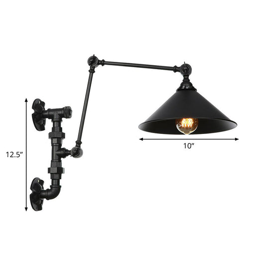 Industrial Iron Cone/Flared Wall Lamp - Black 1-Light Rotatable Fixture With Water Pipe Bracket