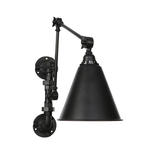 Industrial Iron Cone/Flared Wall Lamp - Black 1-Light Rotatable Fixture With Water Pipe Bracket