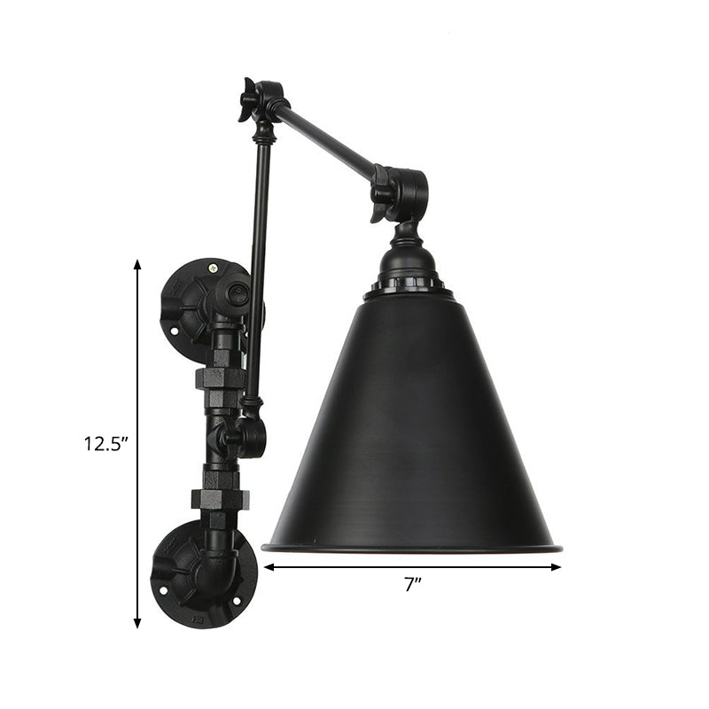 Industrial Iron Cone/Flared Wall Lamp - Black 1-Light Rotatable Fixture With Water Pipe Bracket