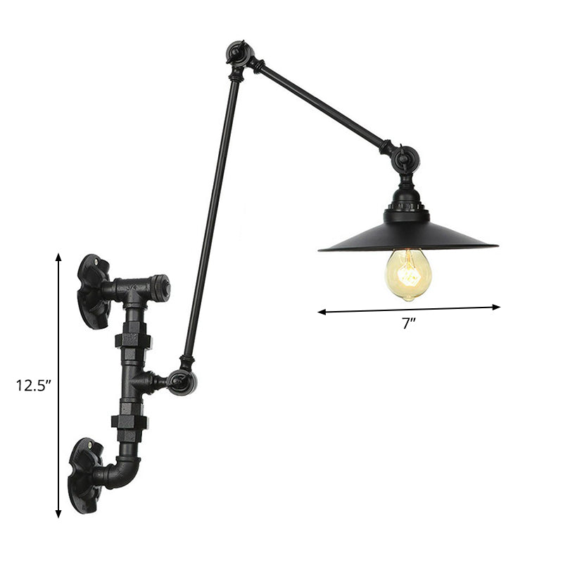 Industrial Iron Cone/Flared Wall Lamp - Black 1-Light Rotatable Fixture With Water Pipe Bracket