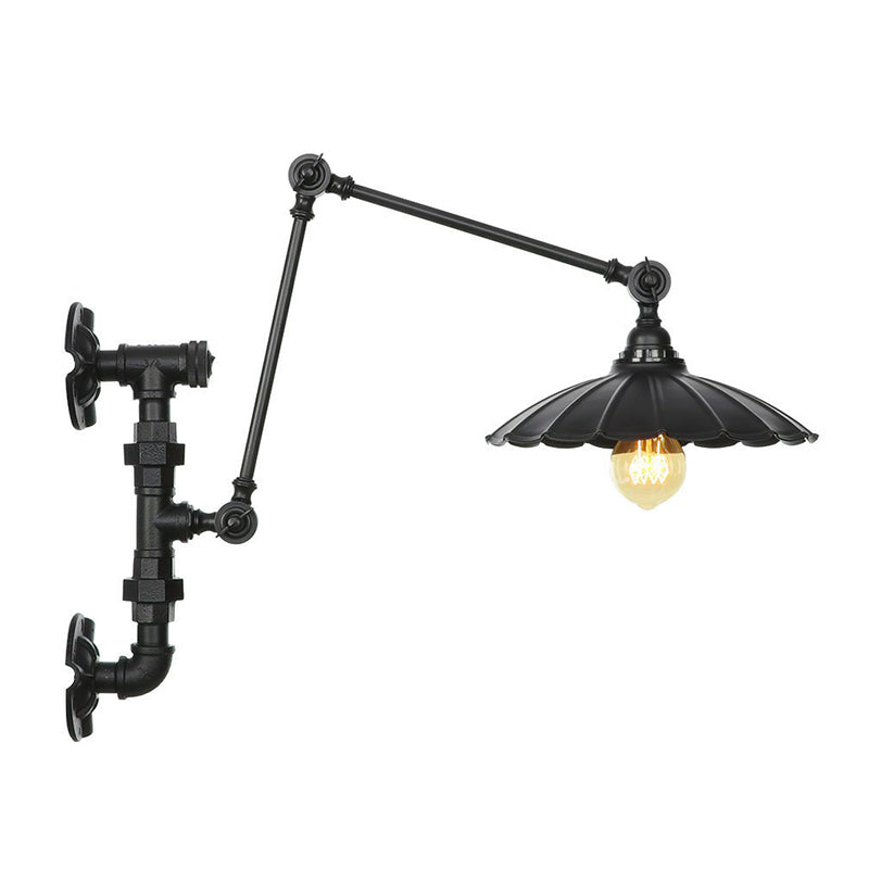 Industrial Iron Cone/Flared Wall Lamp - Black 1-Light Rotatable Fixture With Water Pipe Bracket / F