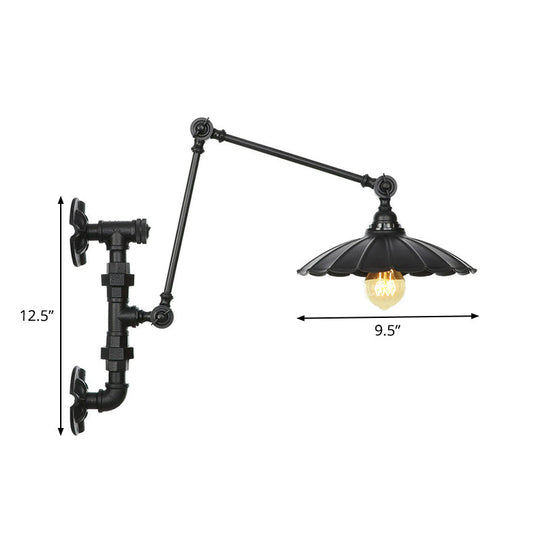 Industrial Iron Cone/Flared Wall Lamp - Black 1-Light Rotatable Fixture With Water Pipe Bracket