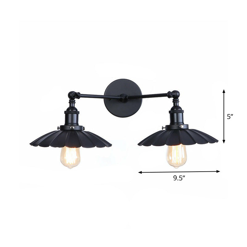 Retro Conical/Scalloped Metal Wall Lamp With 2 Pivot Shades - Black Bathroom Fixture