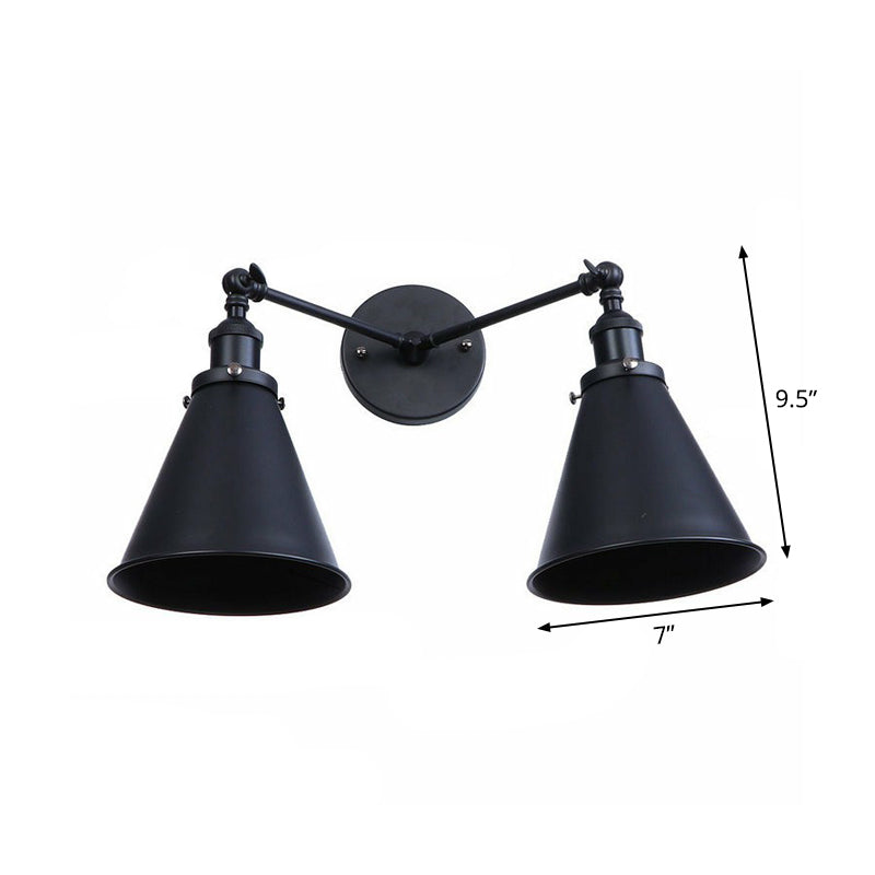 Retro Conical/Scalloped Metal Wall Lamp With 2 Pivot Shades - Black Bathroom Fixture