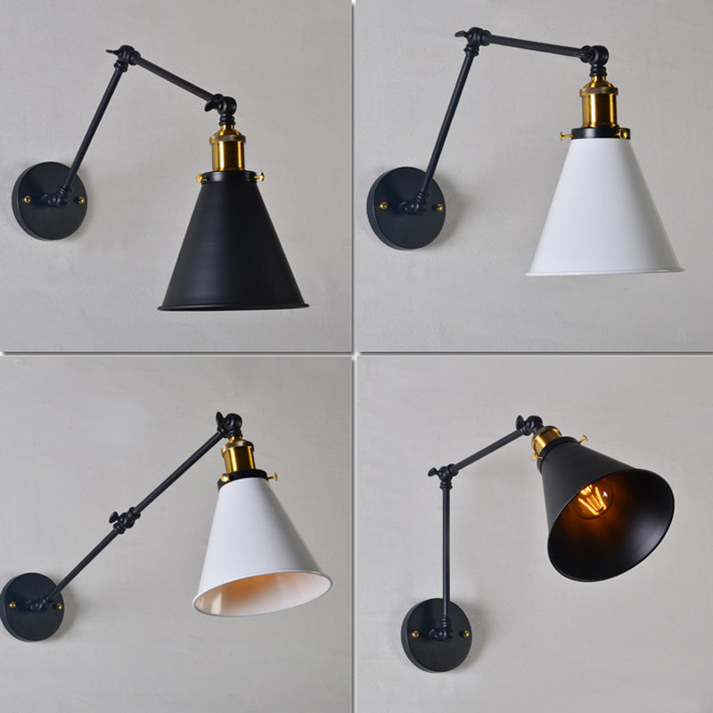 Rustic Metal Swing Arm Wall Lamp With Trumpet Shade - Dorm Room Reading Light