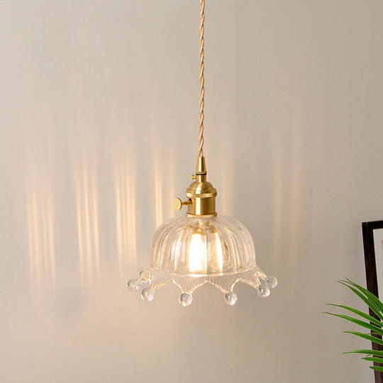 Brass Crown Pendulum Light: Clear Carved Glass Pendant Lamp For Kids Bedroom