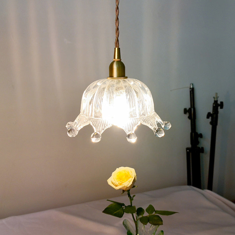 Brass Crown Pendulum Light: Clear Carved Glass Pendant Lamp For Kids Bedroom