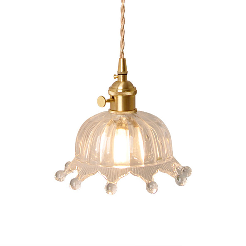 Glass Crown Pendant Lamp with Carved Design - Kids Bedroom Lighting in Brass