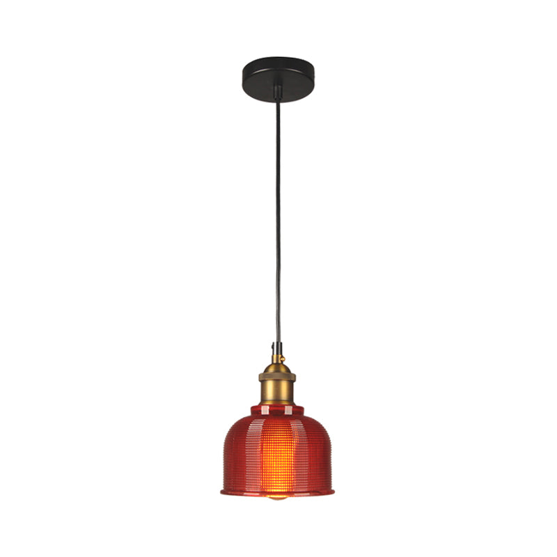 Mila - Retro Retro Style Carillon Pendant Light 1-Light Red/Orange/Blue Gridded Glass Suspension Lighting for Dining Room