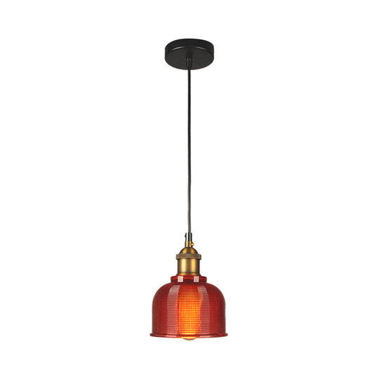 Mila - Retro Retro Style Carillon Pendant Light 1-Light Red/Orange/Blue Gridded Glass Suspension Lighting for Dining Room