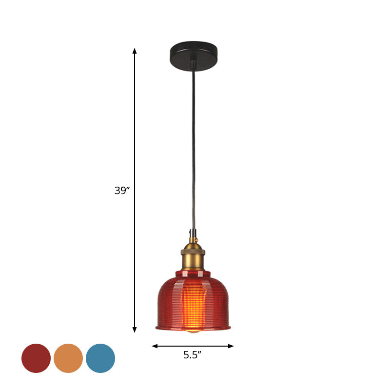 Mila - Retro Retro Style Carillon Pendant Light 1-Light Red/Orange/Blue Gridded Glass Suspension Lighting for Dining Room