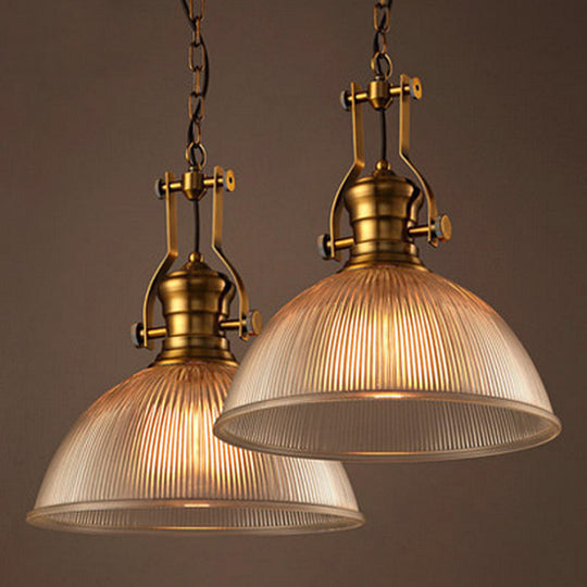 Brass Finish Bowl Pendant Light with Clear Ribbed Glass and Handle - Warehouse Bistro Hanging Light (12"/15"/19.5" W)