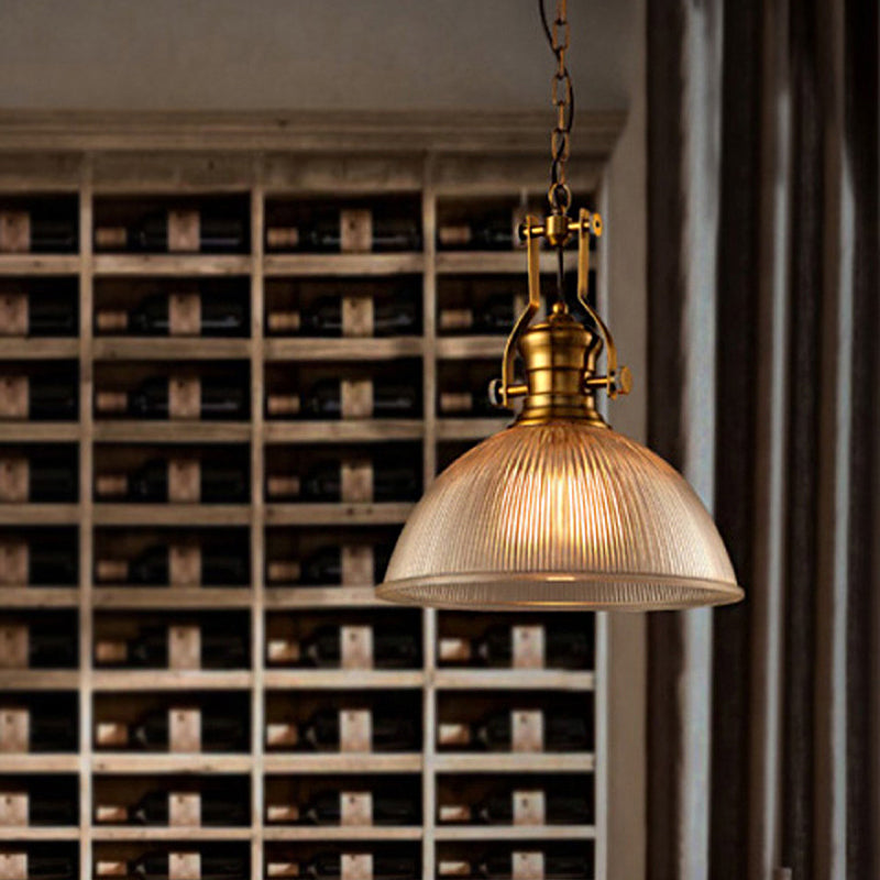 Bistro Hanging Light With Brass Finish Bowl Pendant And Clear Ribbed Glass - 12/15/19.5 W Warehouse