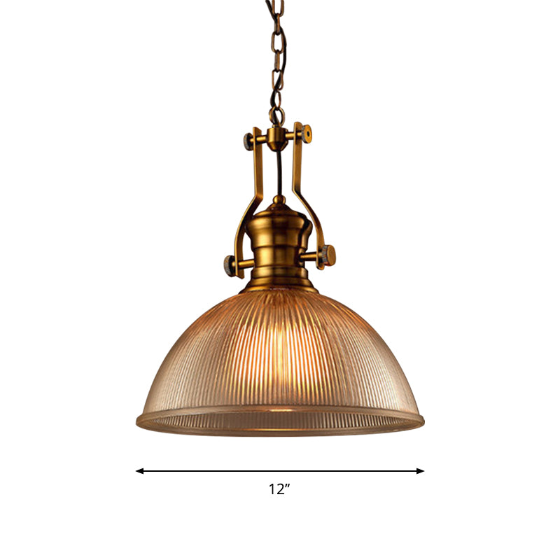 Brass Finish Bowl Pendant Light with Clear Ribbed Glass and Handle - Warehouse Bistro Hanging Light (12"/15"/19.5" W)