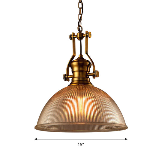 Brass Finish Bowl Pendant Light with Clear Ribbed Glass and Handle - Warehouse Bistro Hanging Light (12"/15"/19.5" W)