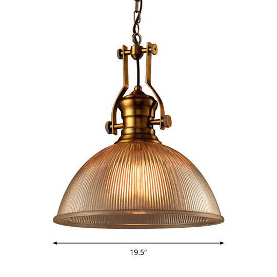 Brass Finish Bowl Pendant Light with Clear Ribbed Glass and Handle - Warehouse Bistro Hanging Light (12"/15"/19.5" W)