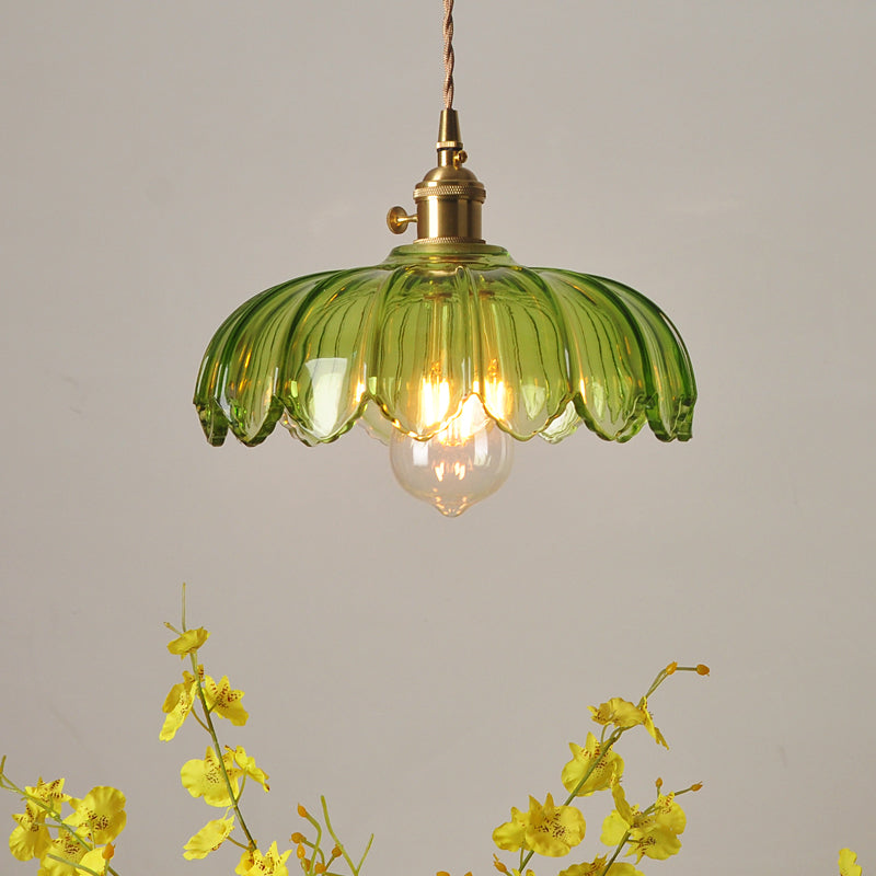 Green Glass Scalloped Shade Pendant Retro 1 Bulb Open Kitchen Hanging Ceiling Light in Brass