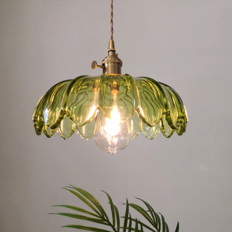 Green Glass Scalloped Shade Pendant Retro 1 Bulb Open Kitchen Hanging Ceiling Light in Brass