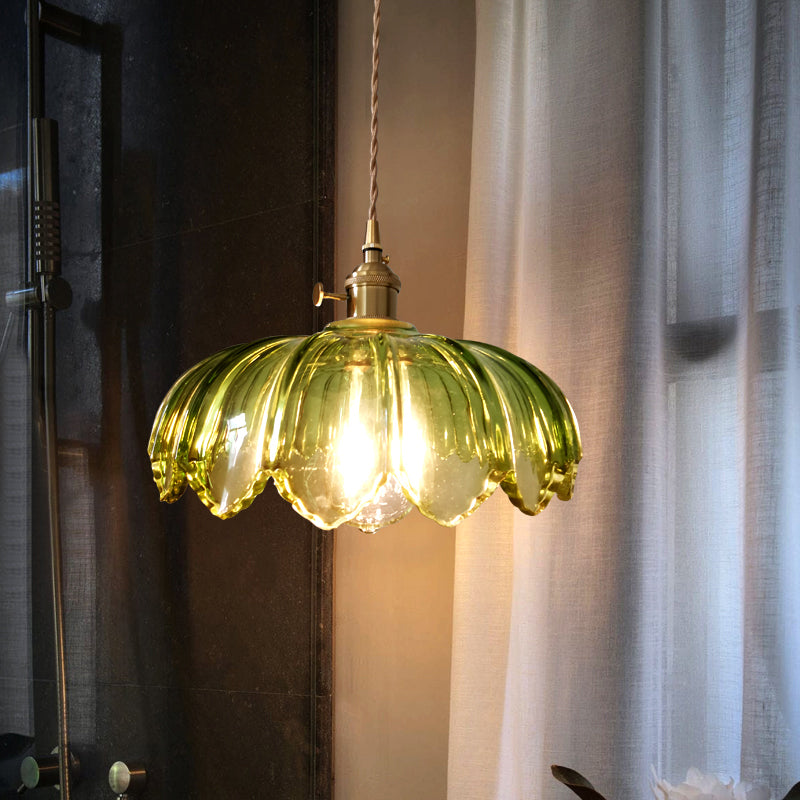 Chiara - Vintage Brass Pendant Light with Green Glass Scalloped Shade